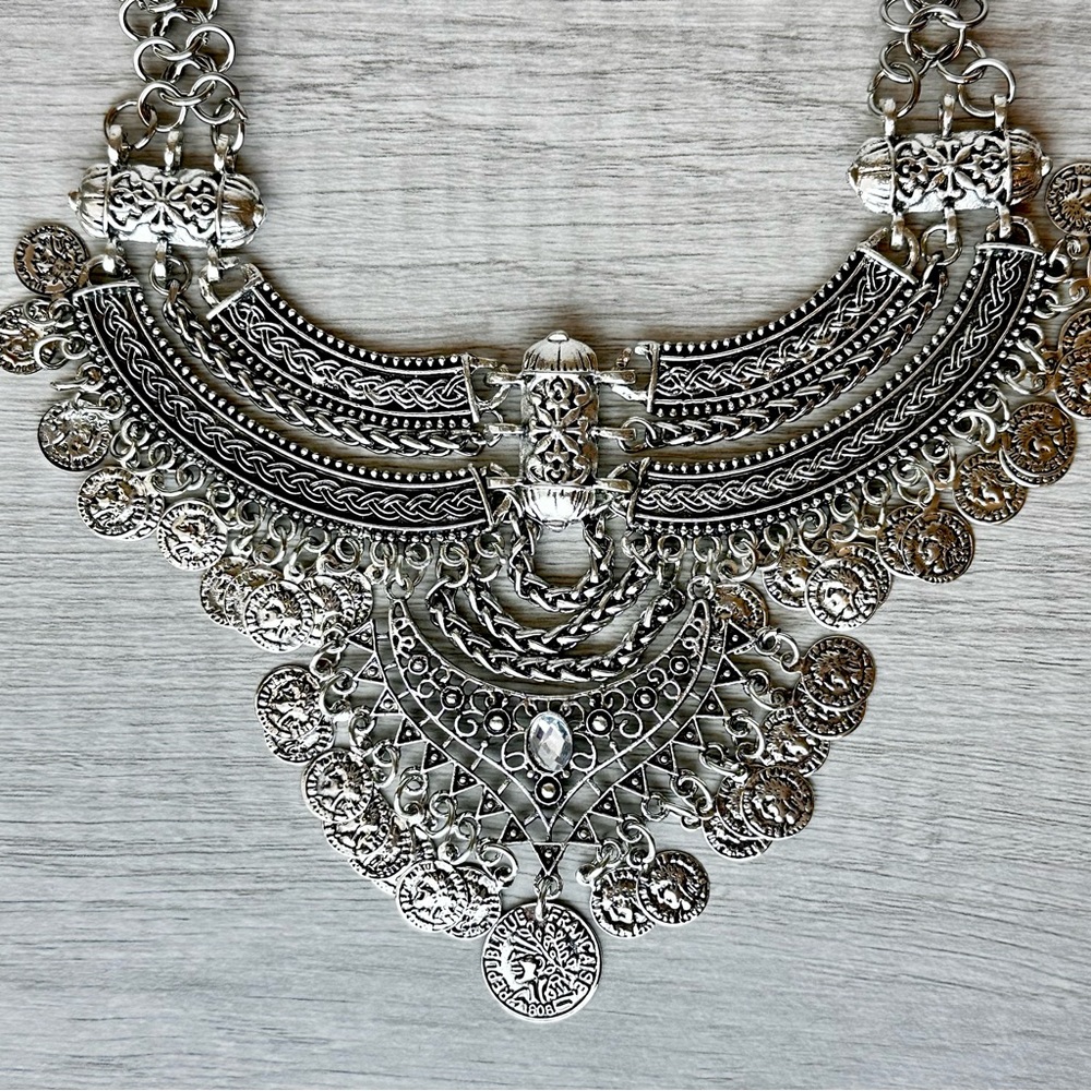 Tribal Boho Gypsy Belly Dance Hippie Festival statement necklace. Approx 16”.